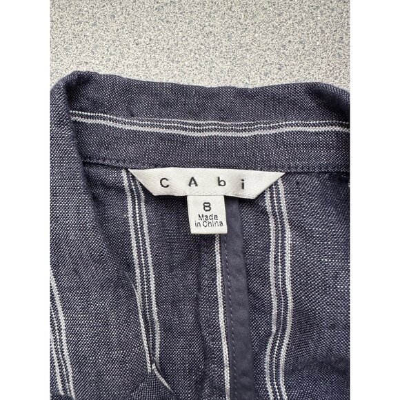 Cabi Navy White Stripe Linen Blazer 8 Women 2 Button 3/4 Sleeve Pockets Nautical - Picture 5 of 10